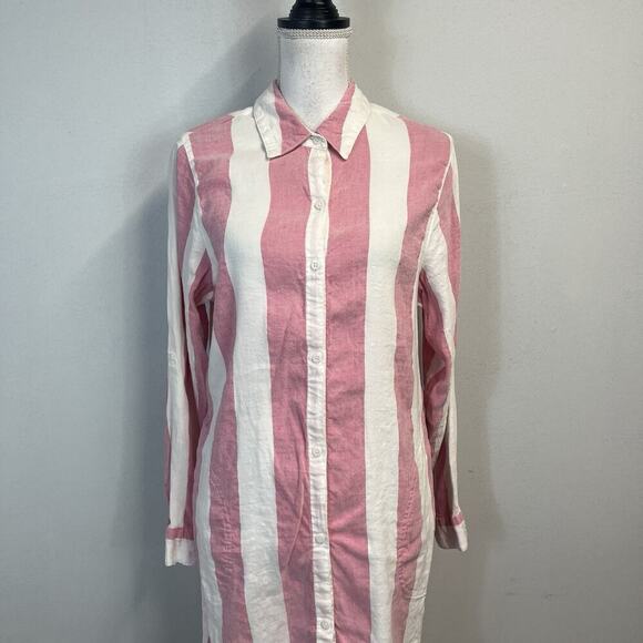 Tommy Bahama Shirt Dress sz Large Red Pink White Striped Linen Pockets Beach #S - Picture 2 of 12